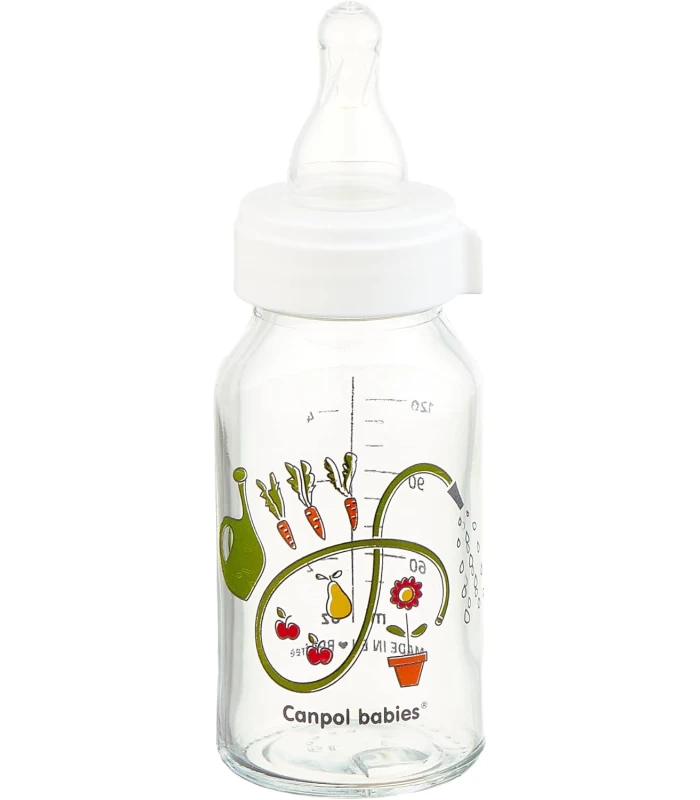 Canpol babies Standard printed GLASS bottles 120ml with silicon standard anti-colic teat 0+m Green